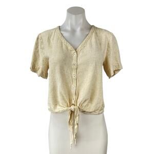 Lilla P Women Yellow Linen Short Sleeve V Neck Button Up Tie Hem Blouse Top Sz S